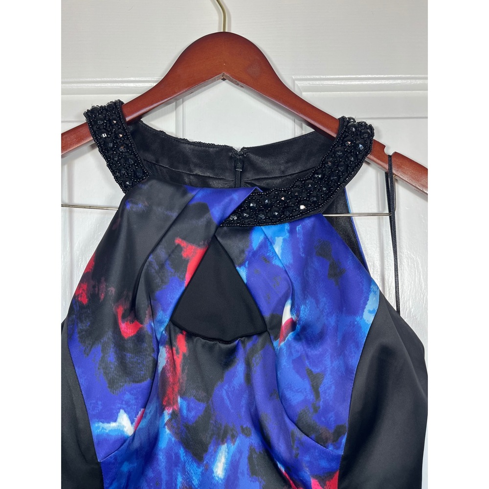 JAX Floral Sheath Dress Women 12 Black Blue Beaded Halter Neck - Picture 4 of 12